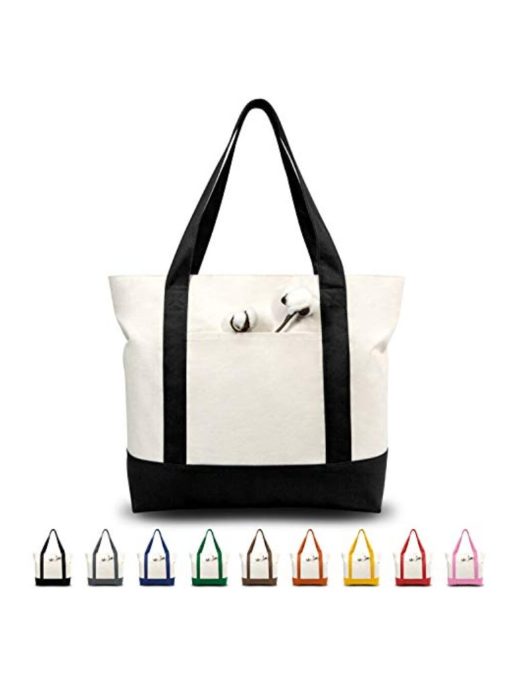 Canvas Tote Bag with External Pocket Top Zipper Reusable Grocery Shopping Bag